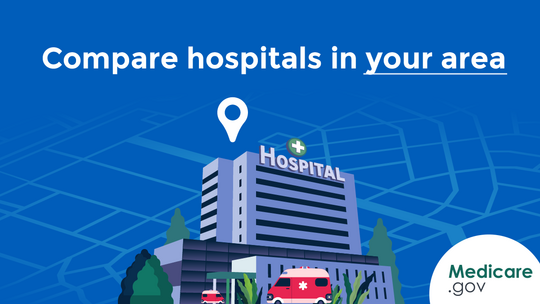 A graphic of a hospital with the text Compare hospitals in your area