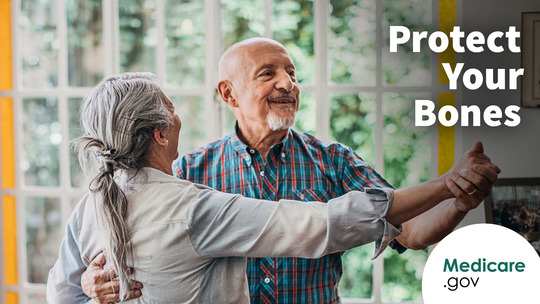 Two people dancing a home with the text on the photo "Protect Your Bones"