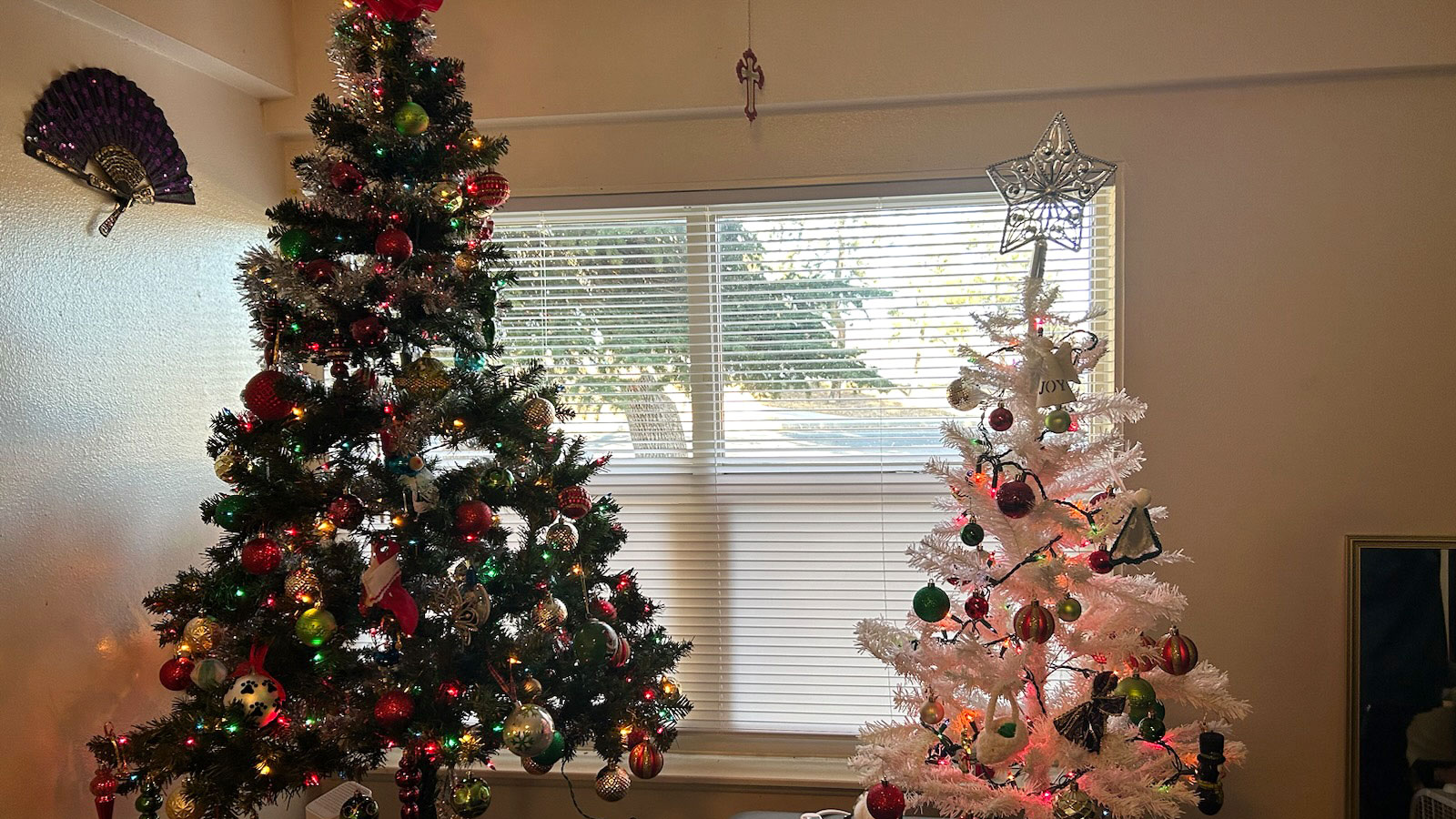 A pair of decorated Christmas trees