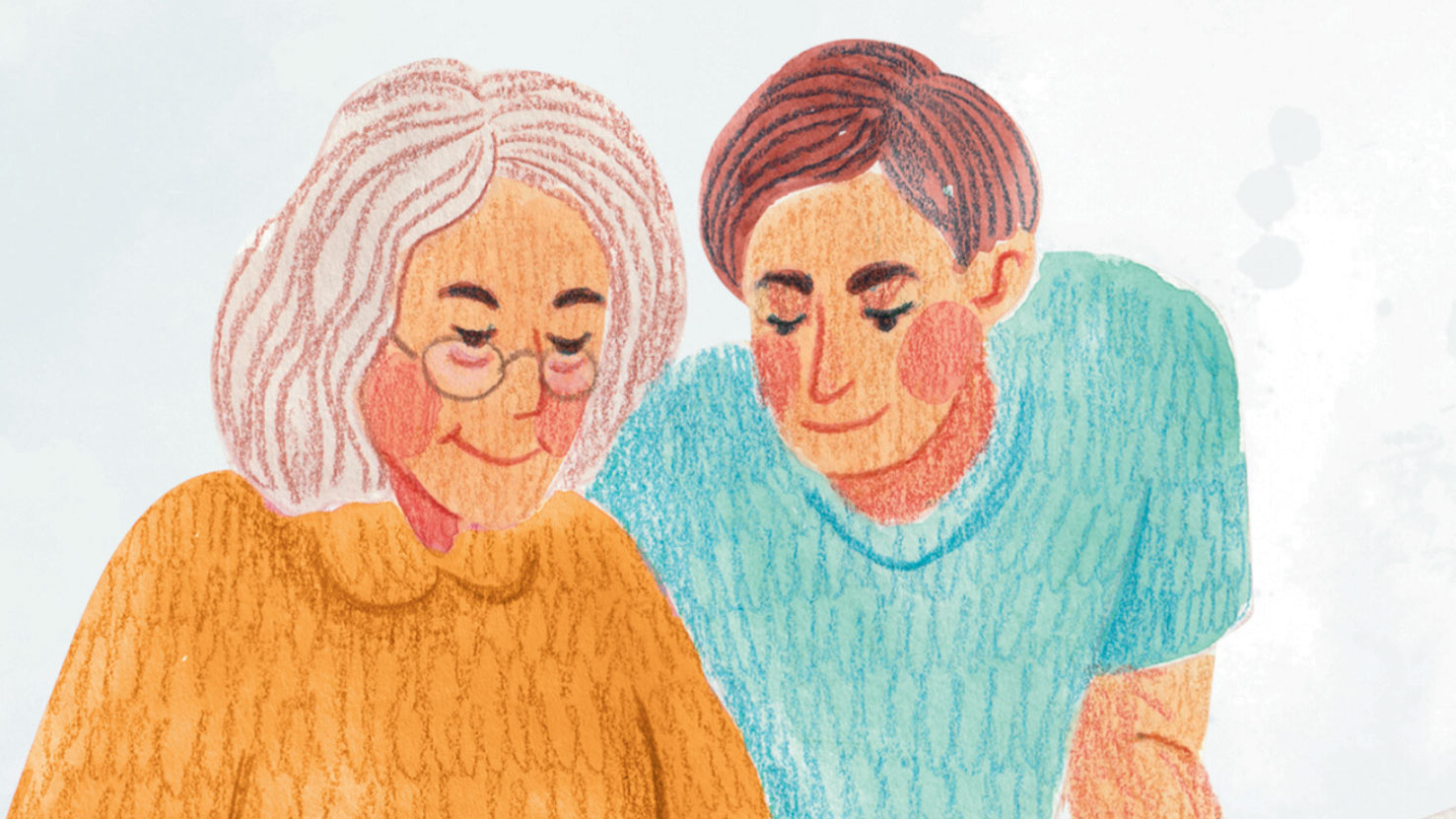 An illustration of two adults sitting and looking at a book.